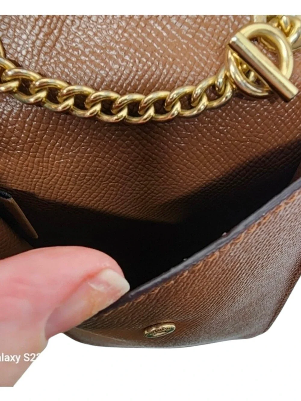 Coach Brown/Tan Leather Crossbody Phone Pouch Chain Strap Gold Hardware